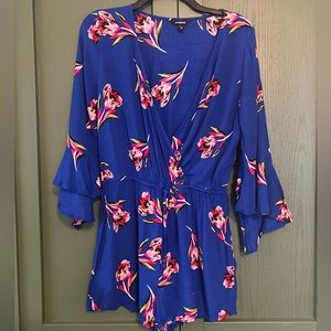 Express Blue Floral Romper Tie Waist
